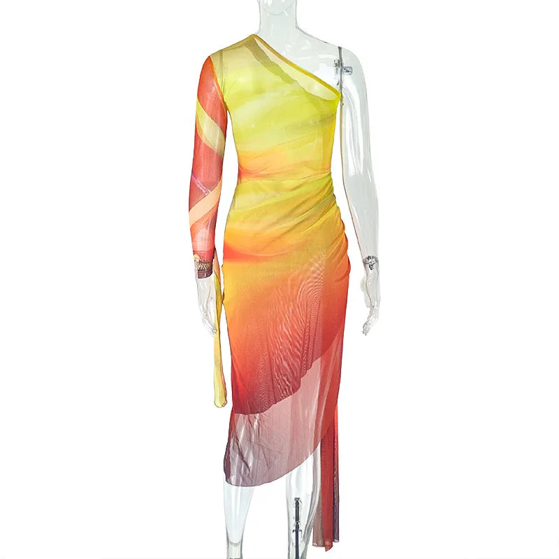 CM.YAYA Summer Women One Full Sleeve Tie Dye Print Midi Dress High Side Split High Waist Night Club Party Dresses Vestidos