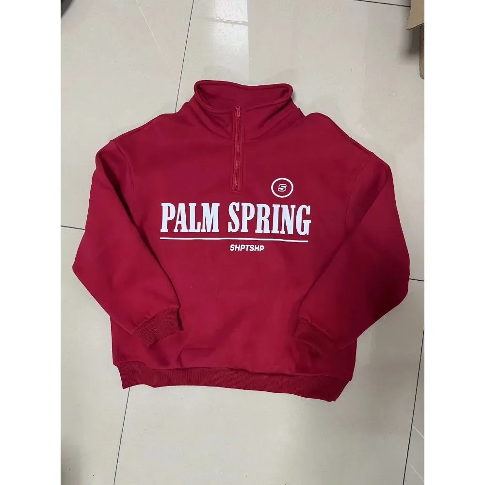 Zekye Spring Hoodies Women Letter Print Sweatshirt Hoodie Red Turtleneck Half Zipper Collar Pullover Tops K Pop Clothes Y2k