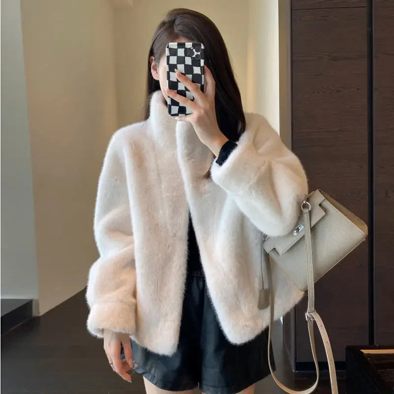 Spring Autumn Lady Short Leather Fur Outwear 2024 Women Fashion Stand Collar Mink Fur Top Female Long Sleeves Fox Jacket