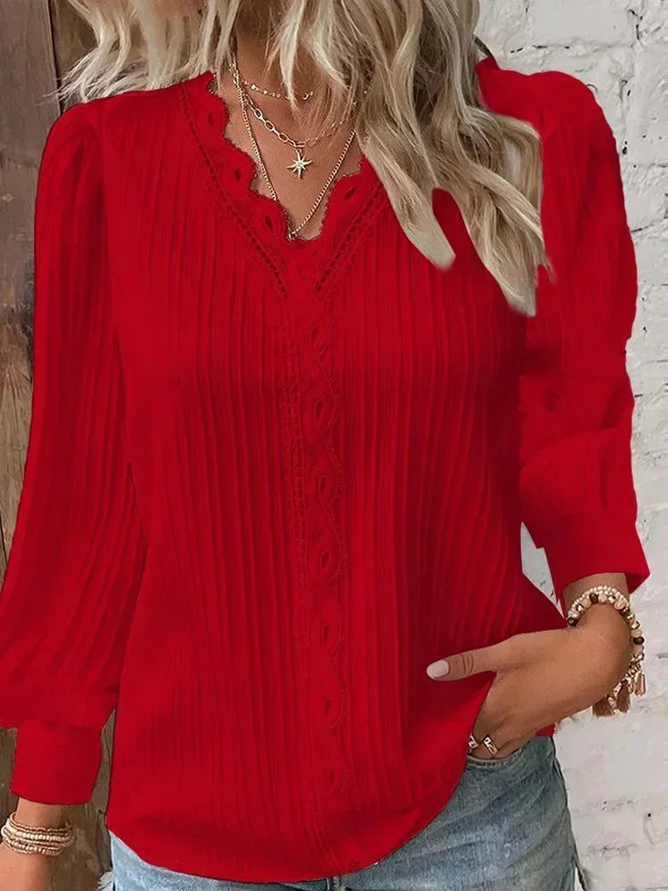Stitching V-neck Long Sleeve Women's Pullover Chiffon Shirt Lace Stitching Shirt Loose Fall Top Simple Elegant Street Blouse