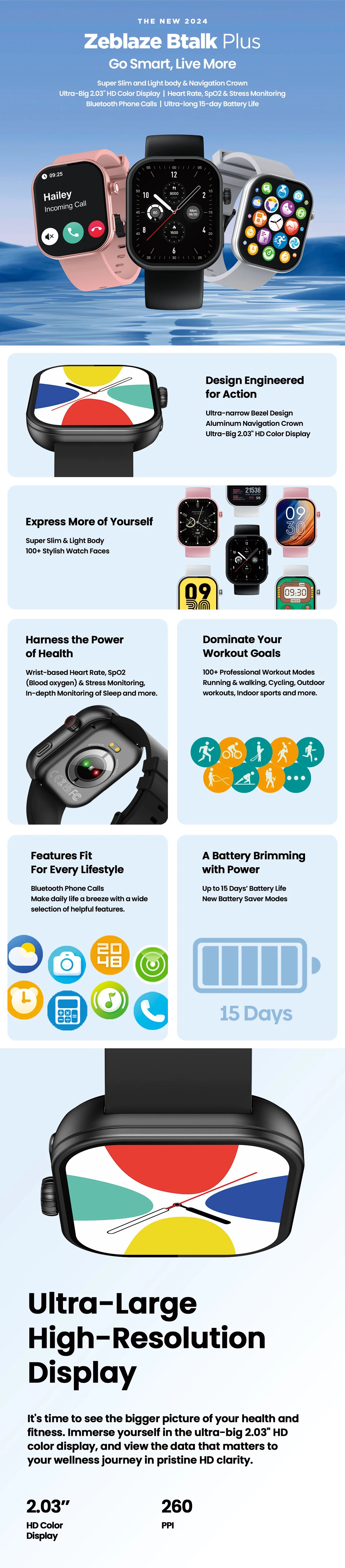 Zeblaze Btalk Plus Voice Calling Smartwatch 2.03'' HD Color Display Heart Rate/SpO2 Fitness Tracking Smart Watch for Men Women