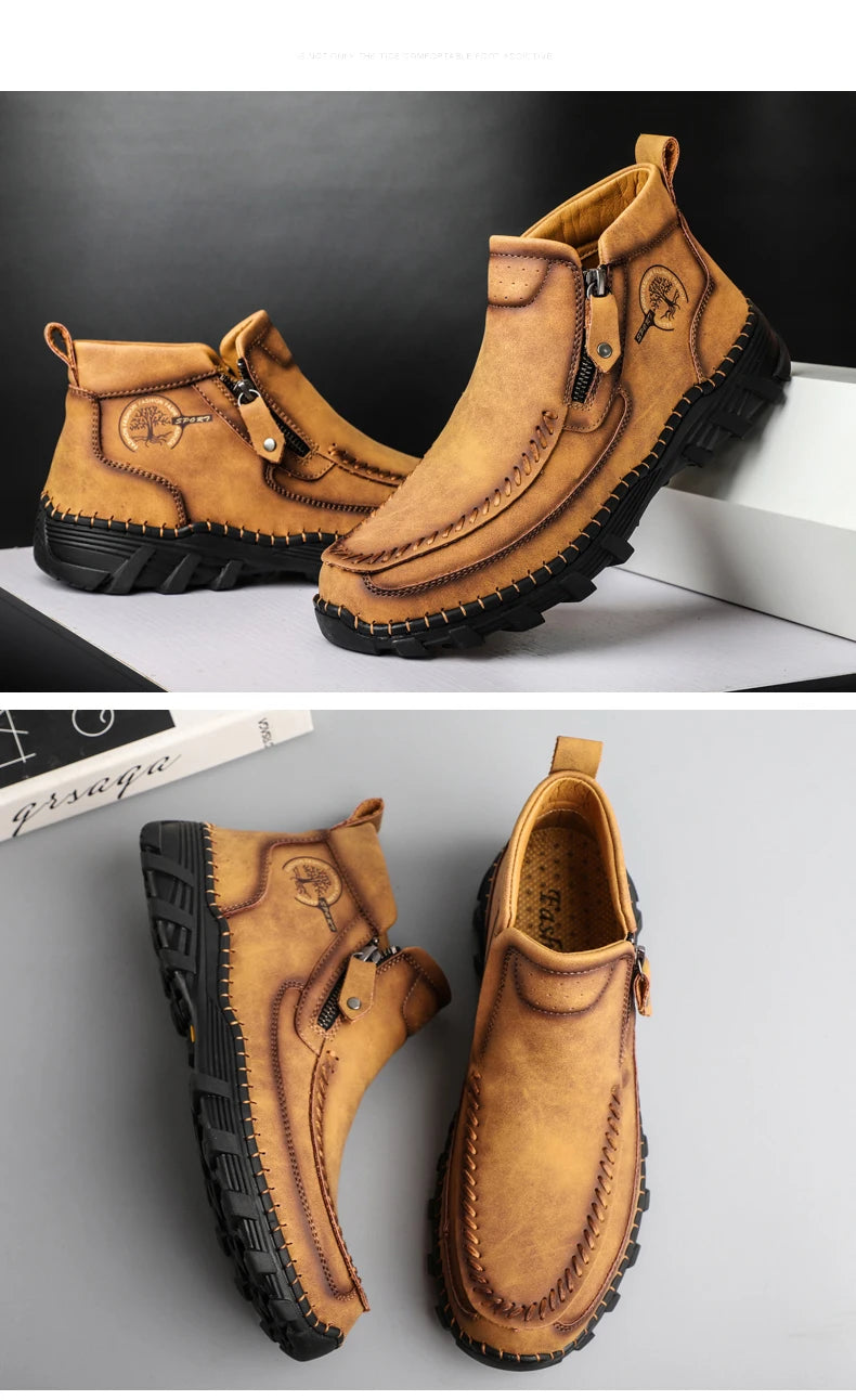 Men Boots Autumn Winter New Handmade High-top Casual Shoes Outdoor Non-slip Hiking Men Shoes Zipper Ankle Boots Plus Size 38-48