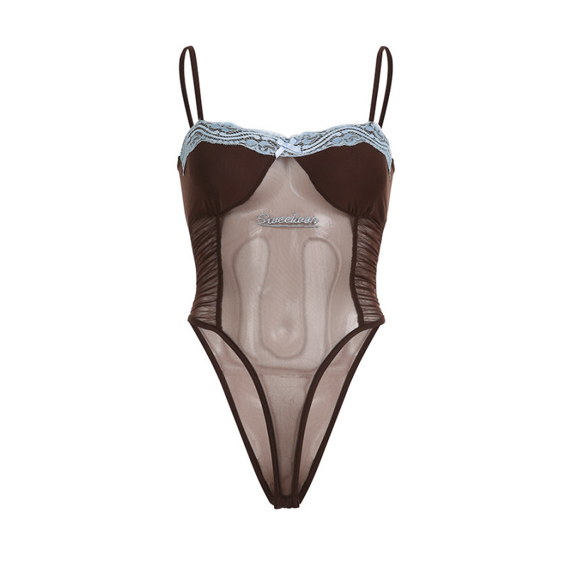 See Through Lingerie Sexy Slim Sleeveless Bodysuit Bow One-Pieces Corset Top Letter Embroidery Bustier Lace Lenceria Femenina