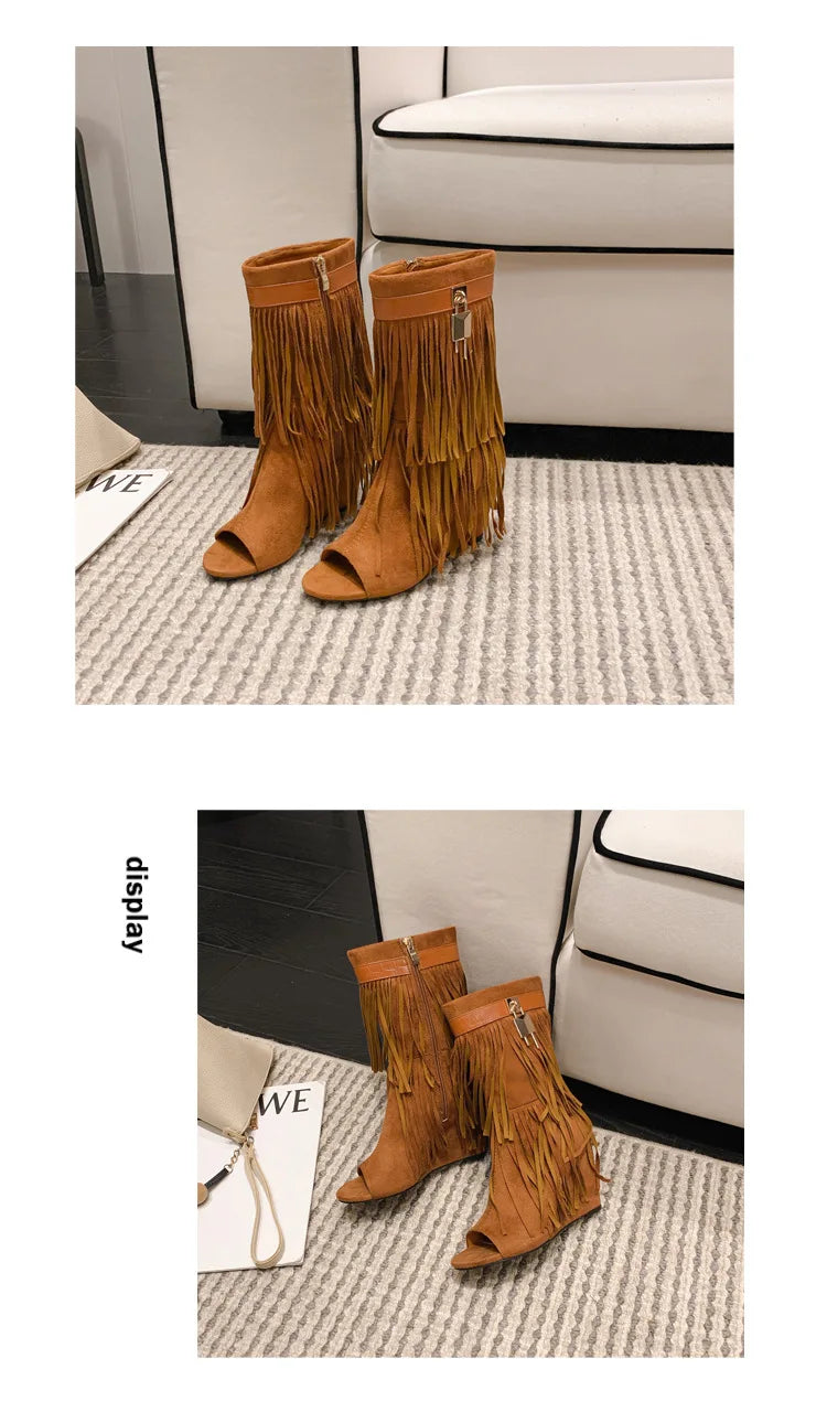 Designer Fringe Wedges Boot Sandals Woman High Heels Open Toe Party Prom Shoes 2025 Sexy Zipper Female Pumps Women Boots