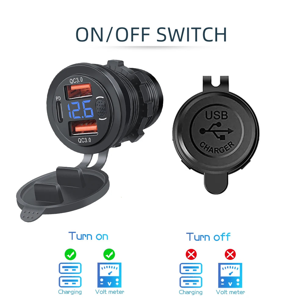 100W USB Outlet Car Charger Dual QC3.0 & PD 3 Ports USB C Socket with Voltmeter Touch Switch for Car Boat Marine Truck RV