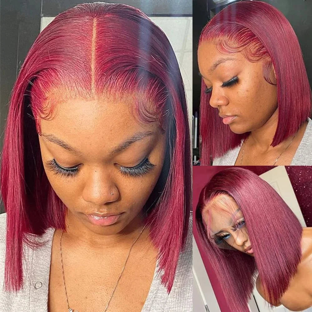 99J Burgundy Lace Front Wigs Straight Short Bob 13x4 HD Lace Frontal Wig Human Hair PrePlucked Natural Hairline Wine Red Bob Wig
