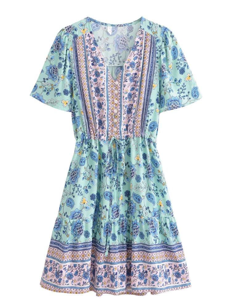 Boho Queens Women Wild Floral Print Deep V-neck Summer Bohemian Mini Dresses Robe Lady Short Sleeve Beach Boho Dress Vestidos