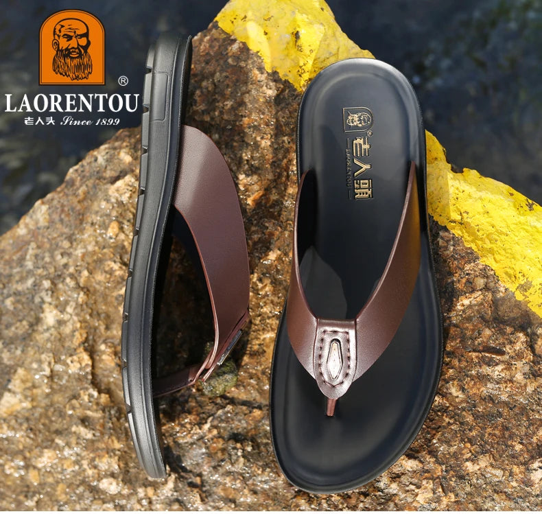 LAORENTOU slippers, men's genuine leather, Korean version, clip on flip flops, men's sandals, cowhide soft sole, anti slip