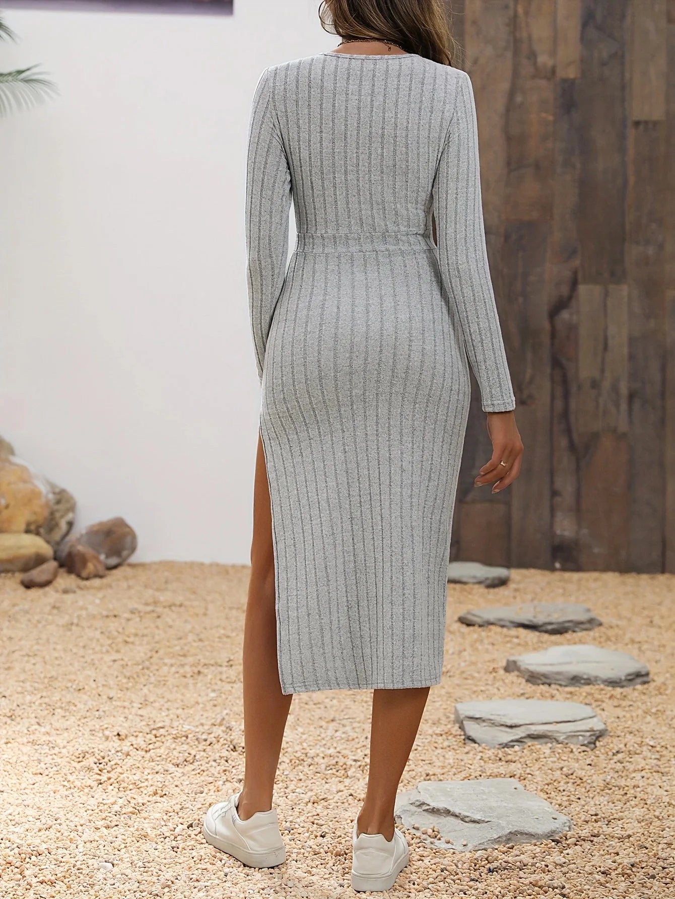 Solid Split Thigh Surplice Neck Ribberd Knit Dress Vacation