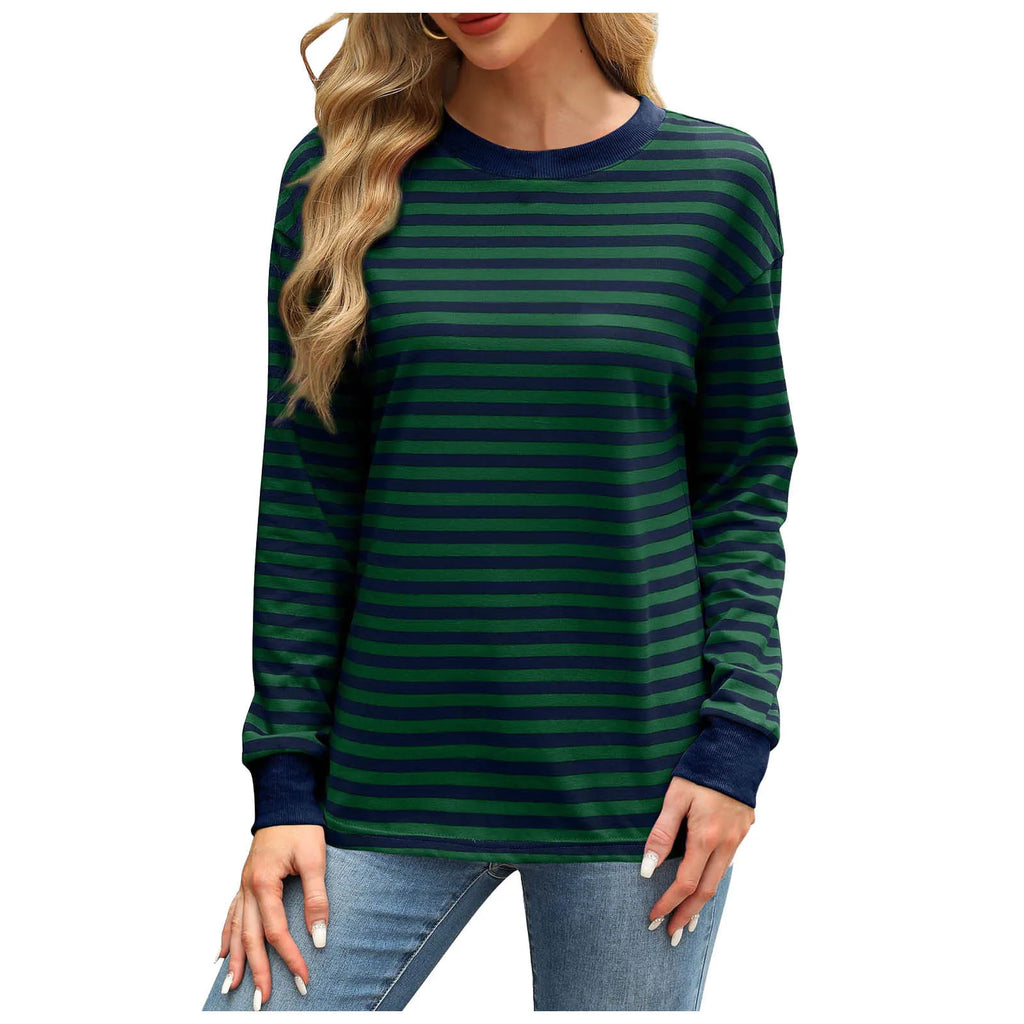 Women Casual Top Fashion Contrast Loose Round Neck Long Sleeve Stripe Printed Top Oversized Loose Pullover Autumn Clothes