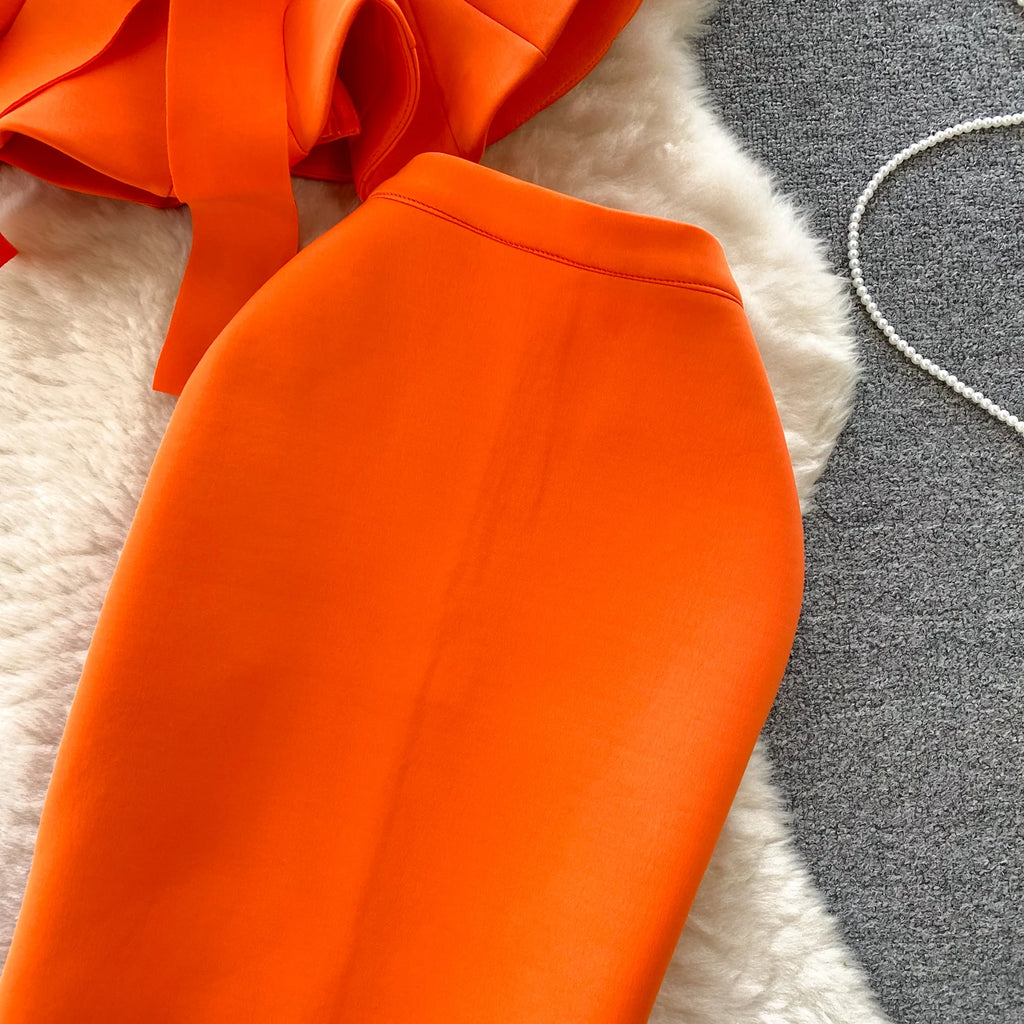 Sexy One-oulder Banded Waist Gown Set with Pleated Skirt Two-Piece Ensemble Courtly Sle Versatile Top f-length A-Line ...