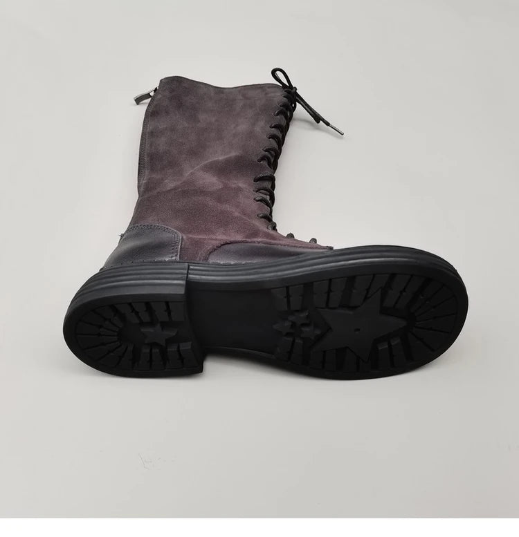 Autumn 2024 Shoes Long Noses Riding Boots Natural Leather Wide Toe Women's Boots Kne-High Cowhide Suede Single Lace-up booties