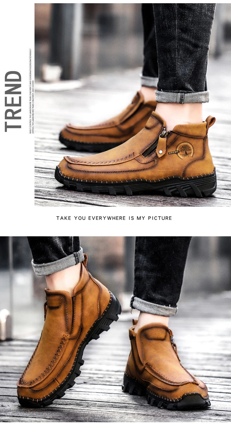 Men Boots Autumn Winter New Handmade High-top Casual Shoes Outdoor Non-slip Hiking Men Shoes Zipper Ankle Boots Plus Size 38-48