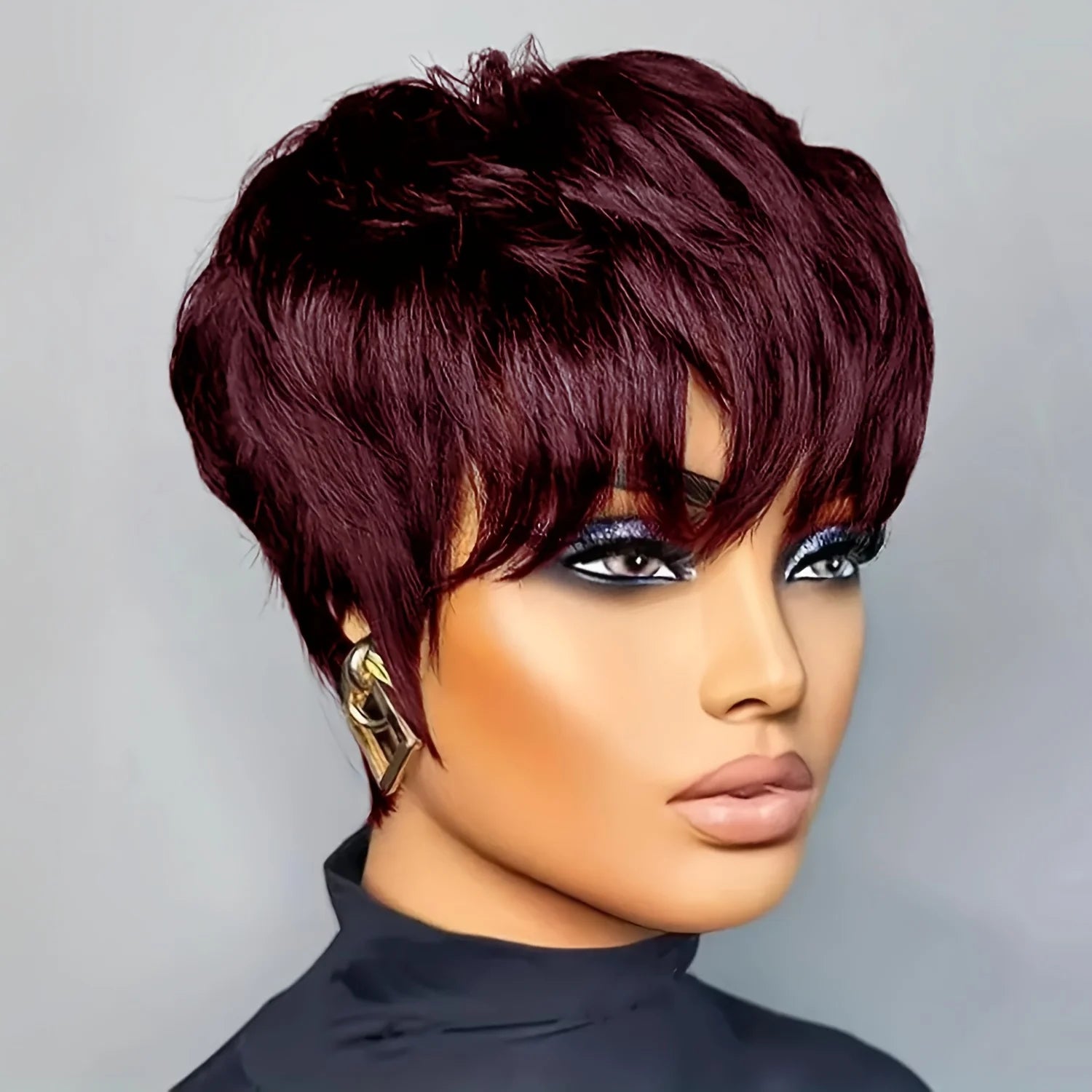 Short Pixie Cut Wig Human Hair Chocolate Brown Black 99J Burgundy Red Colored with Bangs Full Machine Made Layered Wig for Daily