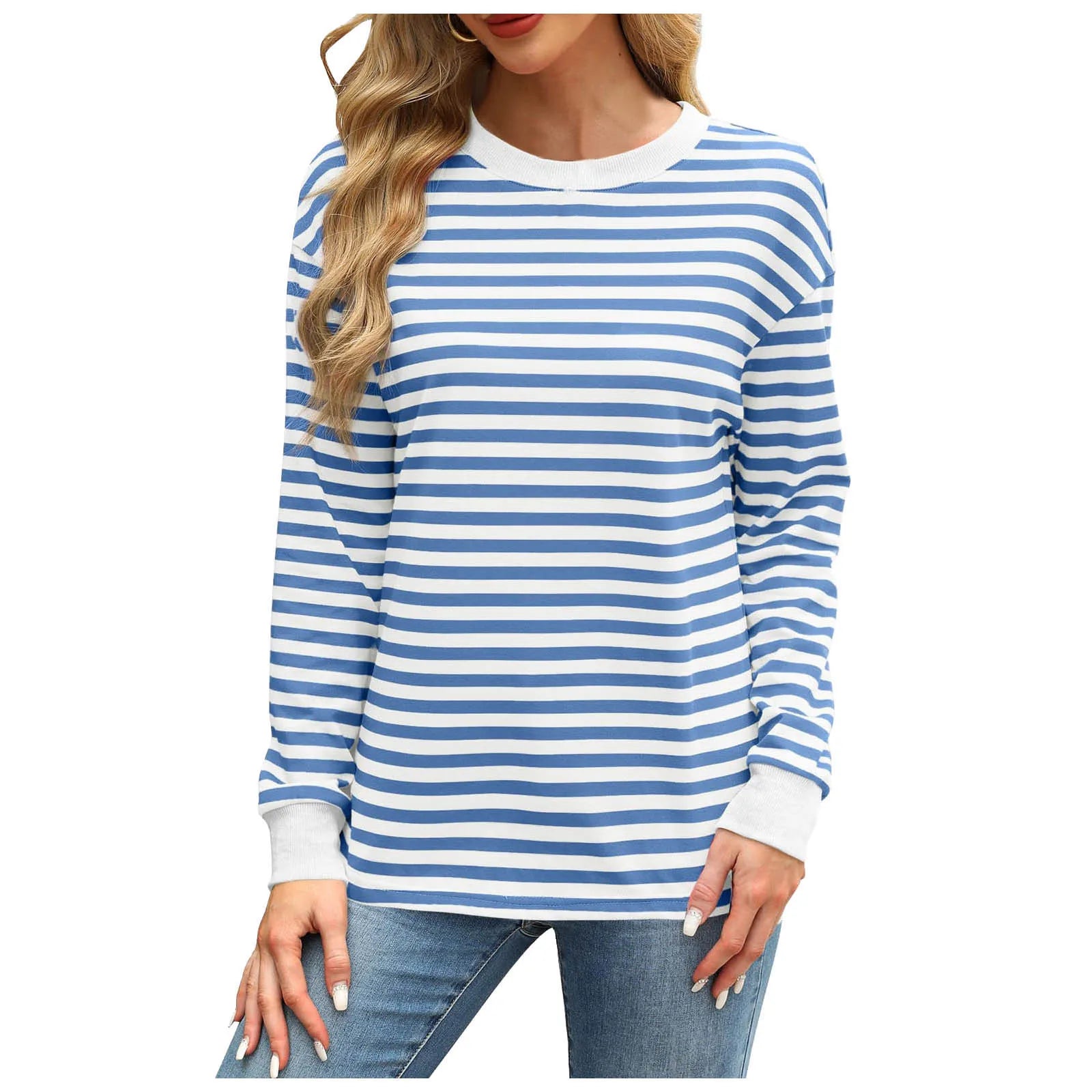 Women Casual Top Fashion Contrast Loose Round Neck Long Sleeve Stripe Printed Top Oversized Loose Pullover Autumn Clothes