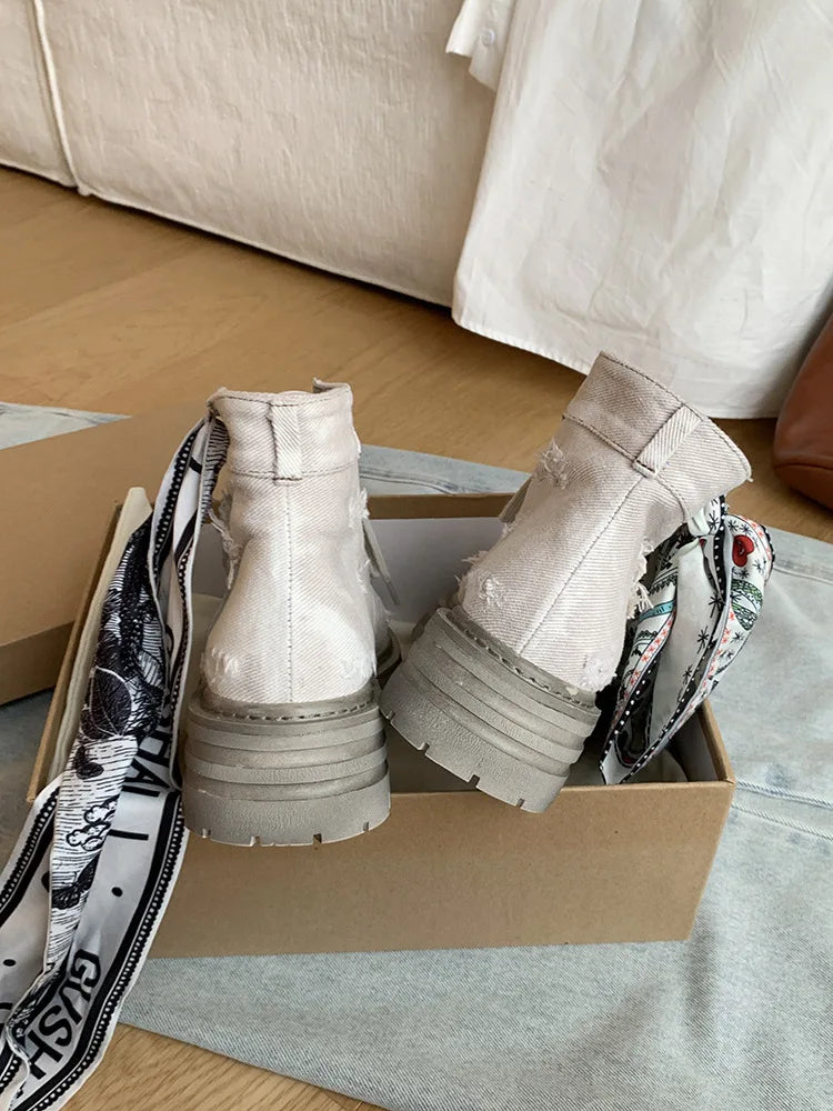 Women's Boots  New Thick Sole Breathable Ribbon Strap Short Boots Anti Slip Lace-up Height Increasing Fashion Boots