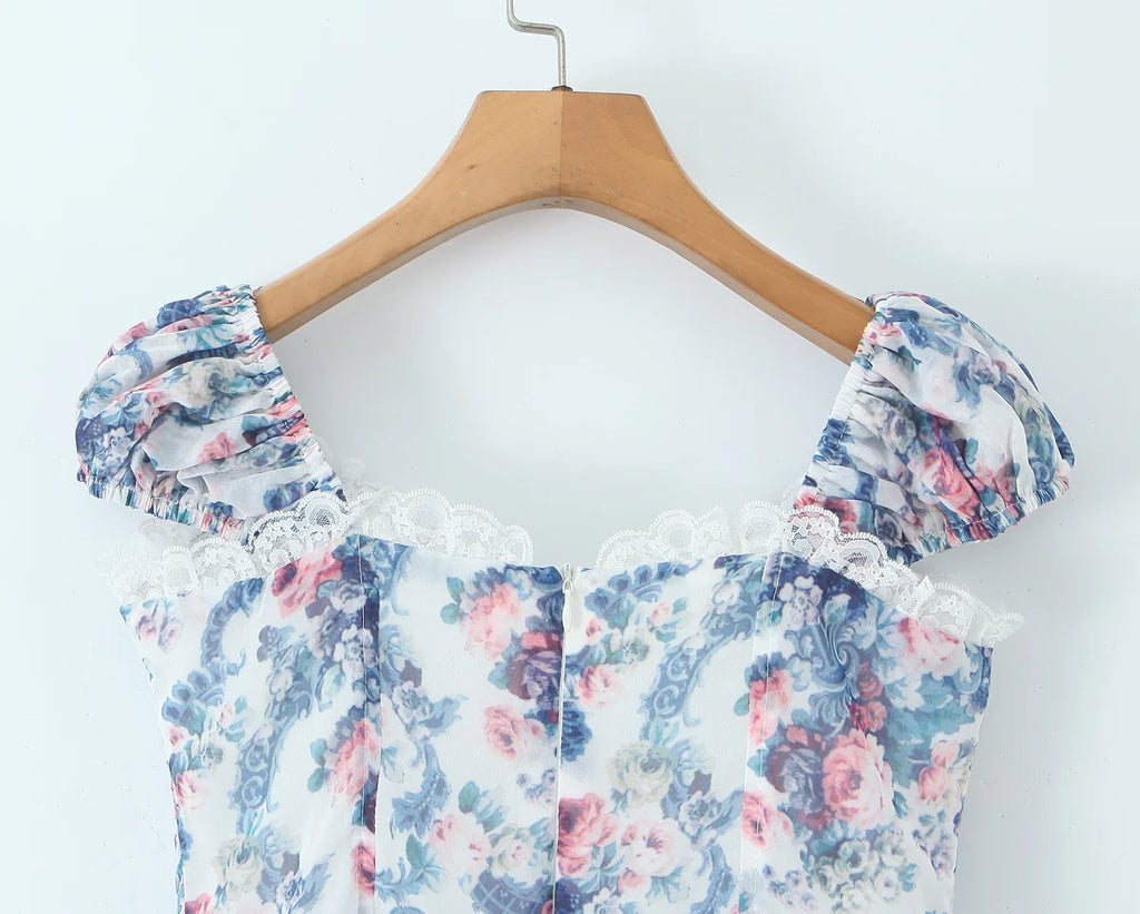 YENKYE Boho Blue Floral Print Mini Dress Women Puff Sleeve Lace Spliced A-line Beach Holiday Summer Dresses 2025 Short Robe