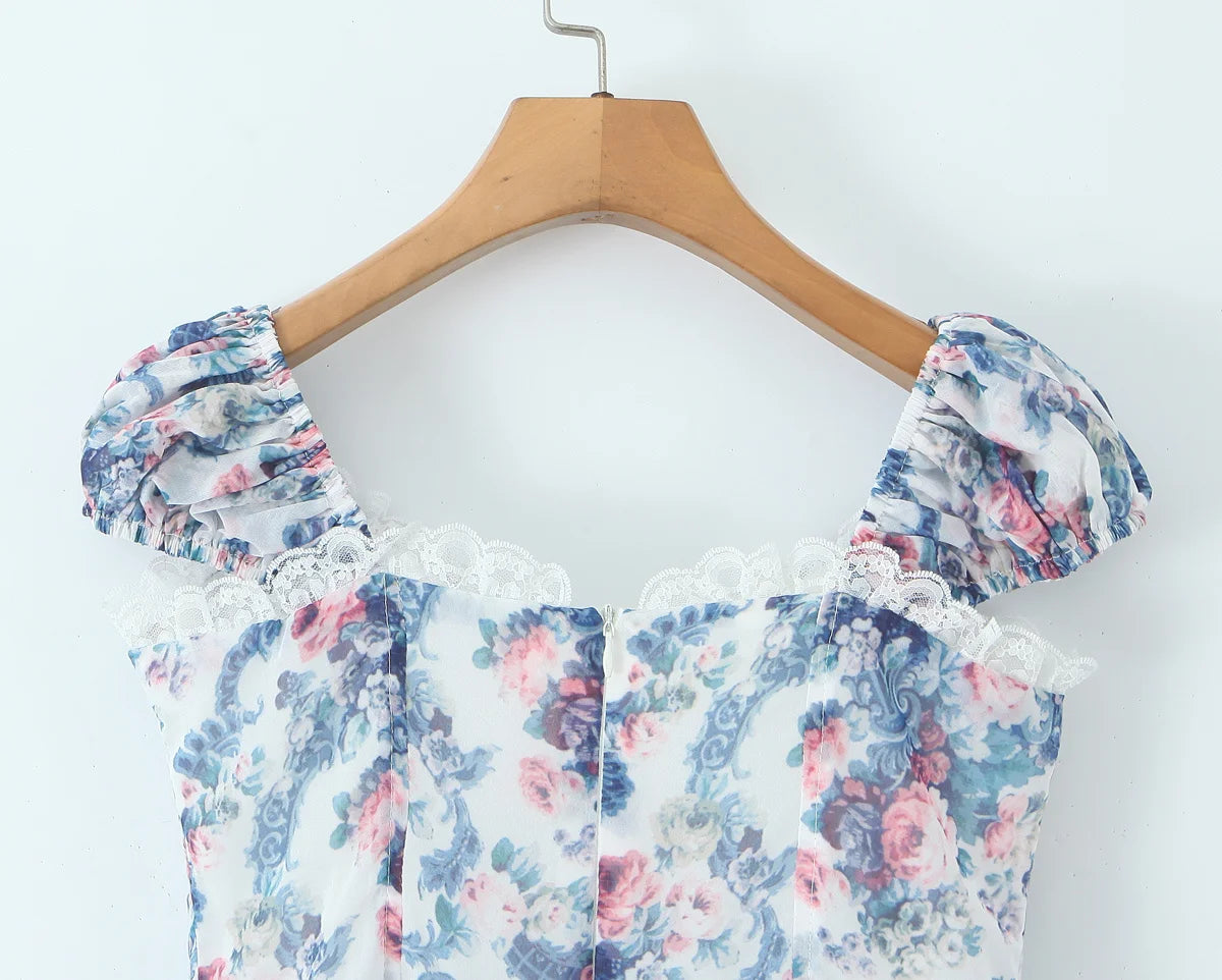 YENKYE Boho Blue Floral Print Mini Dress Women Puff Sleeve Lace Spliced A-line Beach Holiday Summer Dresses 2025 Short Robe