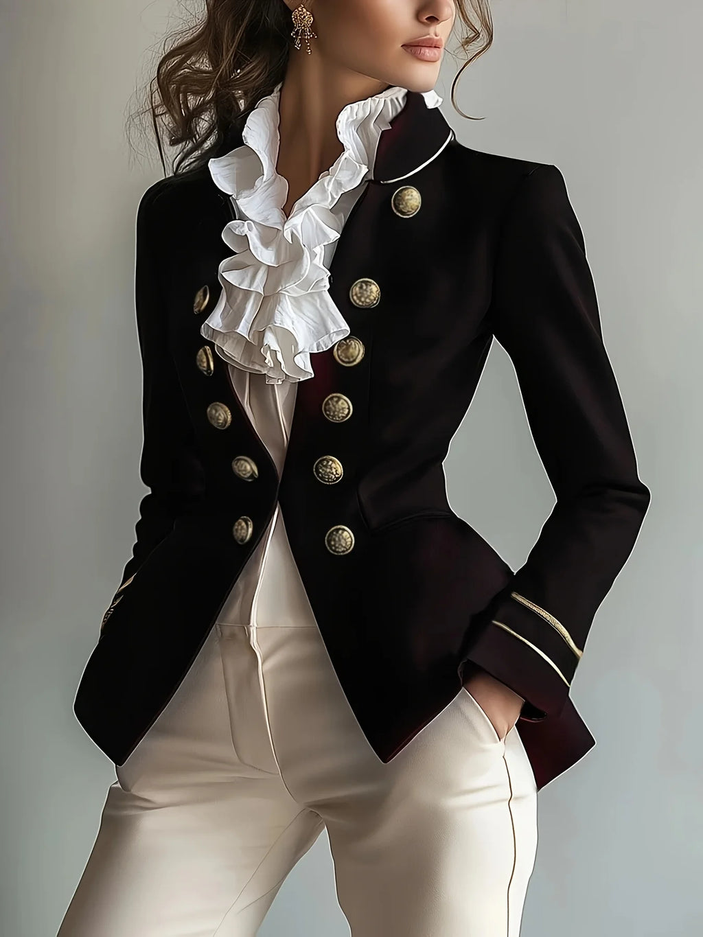 Elegant Black Double-Breasted Blazer with Golden Buttons -Long Sleeves, Polyester Fabric, Perfect for Spring/Fall, Formal Attire