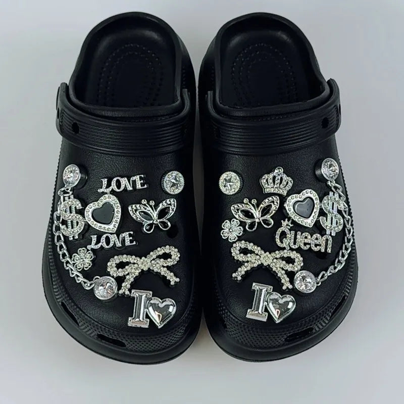 20PCS Fashion Shoe Charms Set Accessories Hole Shoe Buckle Silver Rhinestone Letter Bow Chain DIY Shoes Decorations for Bogg Bag