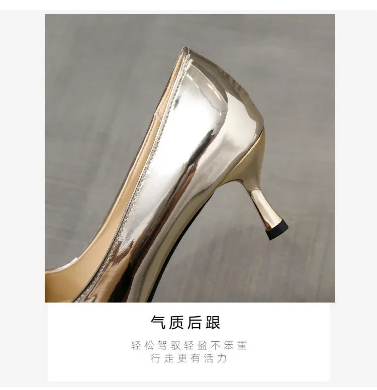 2024 New Lady Pointe Toe Gold Silver Pumps Female Wedding Bridal Shoes  Fashion Women Patent Leather High Heels Plus Size 45