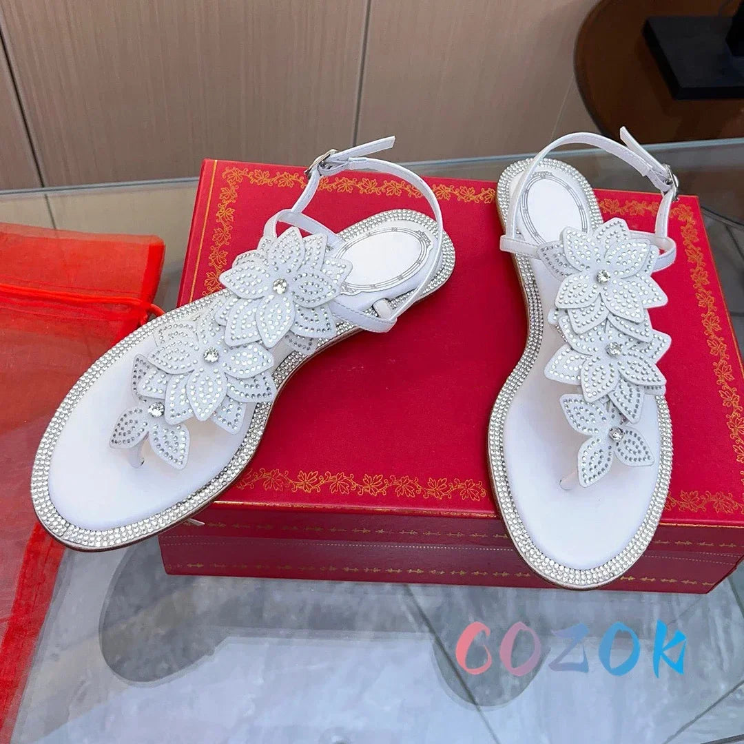 Elegant White Crystal Flower Pinch Toe Summer Flat Sandals Leather Ankle Buckle Strap Dress Shoes Women's Vacation Shoes