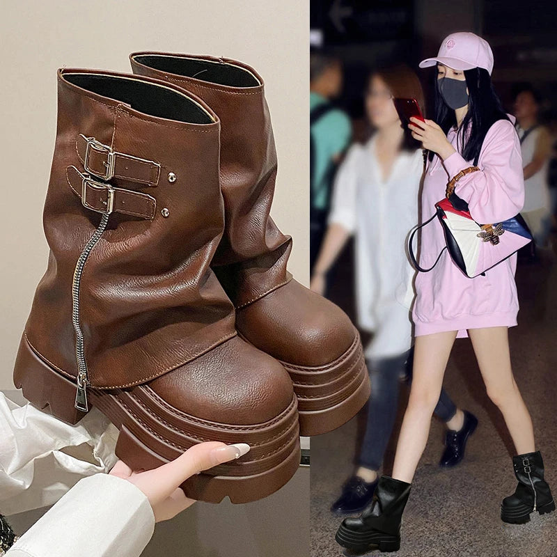 10CM Winter Warm Chunky Short Boots Women High Heels New Mid Calf Leather Sneakers Trend Buckle Motorcycle Boots Fur Snow Shoes