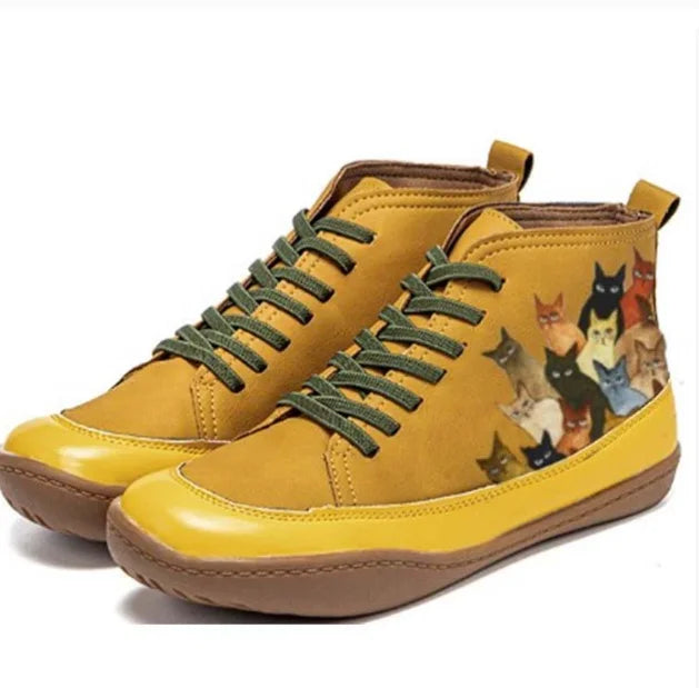 2025 European and American fashion women's mid-high boots comfortable big round toe short boots cat pattern print2025