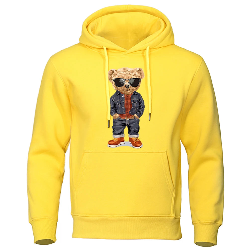 Funny Pose Teddy Bear Prints Men Hoodie Loose Pocket Hoody Autumn Oversize Sweatshirt Fashion Casual Fleece Pullover Unisex