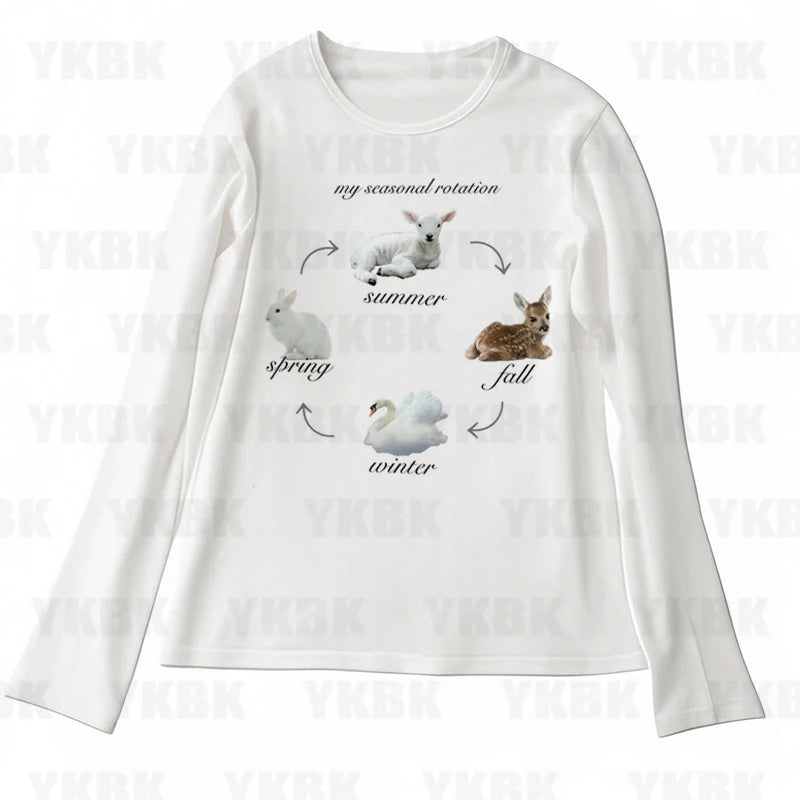 Print Long Sleeve Tank Top T Shirt Y2K Casual Animal Women Baby Cute Punk Crop Top Harajuku Fashion Vest Tee 90s Street Outfits