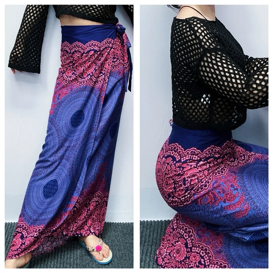Women’s Boho Maxi Wrap Long Skirt Tie Up Beach Cover Up Dress Vintage Bohemian Adjustable High Waisted Holiday Rayon Dress