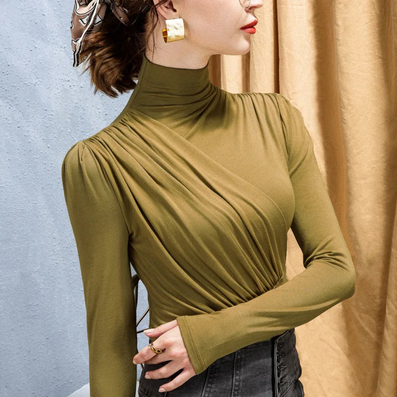 EVNISI Women Casual Thickening Warm Shirt Elegant Office Long Sleeved T-shirt Mock Neck Women Bottoming Tops 2024 Autumn Winter