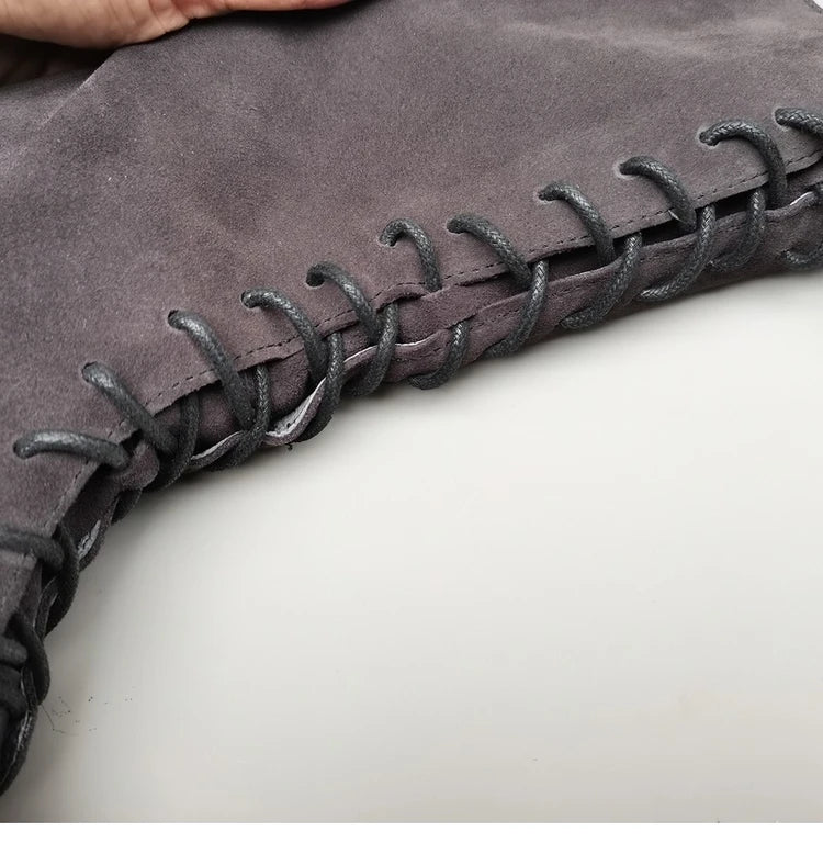 Autumn 2024 Shoes Long Noses Riding Boots Natural Leather Wide Toe Women's Boots Kne-High Cowhide Suede Single Lace-up booties