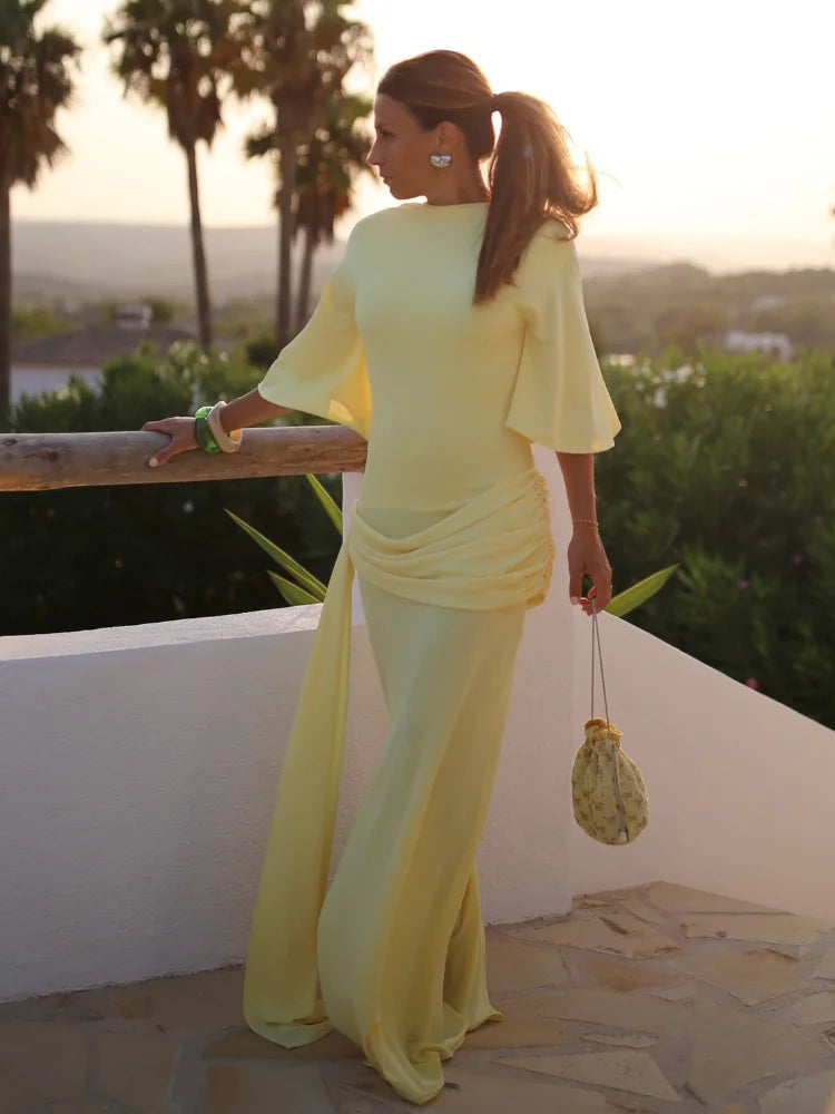 Irregular Yellow Backless Maxi Dress Women's Elegant Half Sleeve Split Slim Fit Pleated Robes 2025 Lady Evening Party Gowns New