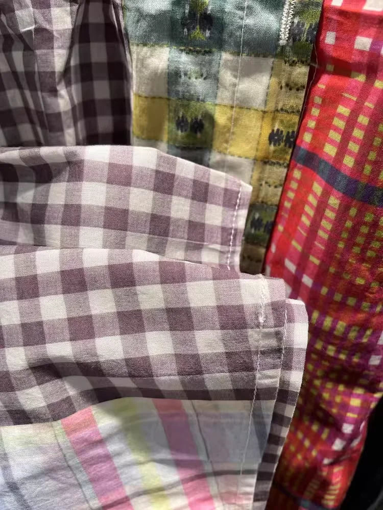 Women's plaid shirts casual 100% cotton long shirt dress for women Japan fashion short sleeve mid-length plaid patchwork shirt