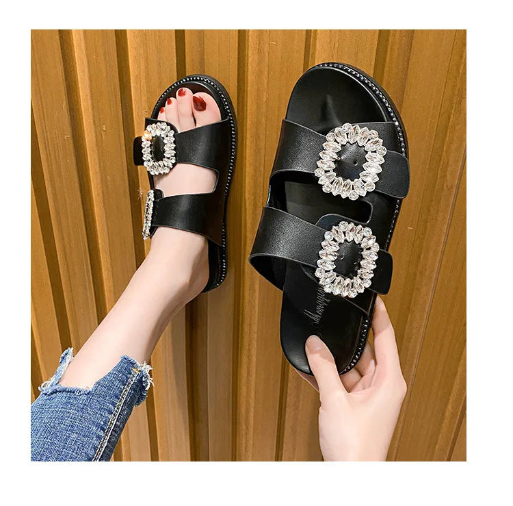 2025 Brand Rhinestone Buckle Sandals Women Double Band Slippers Crystal Shoes Ladies Casual Slides Slip On Flat Heels Flip Flops