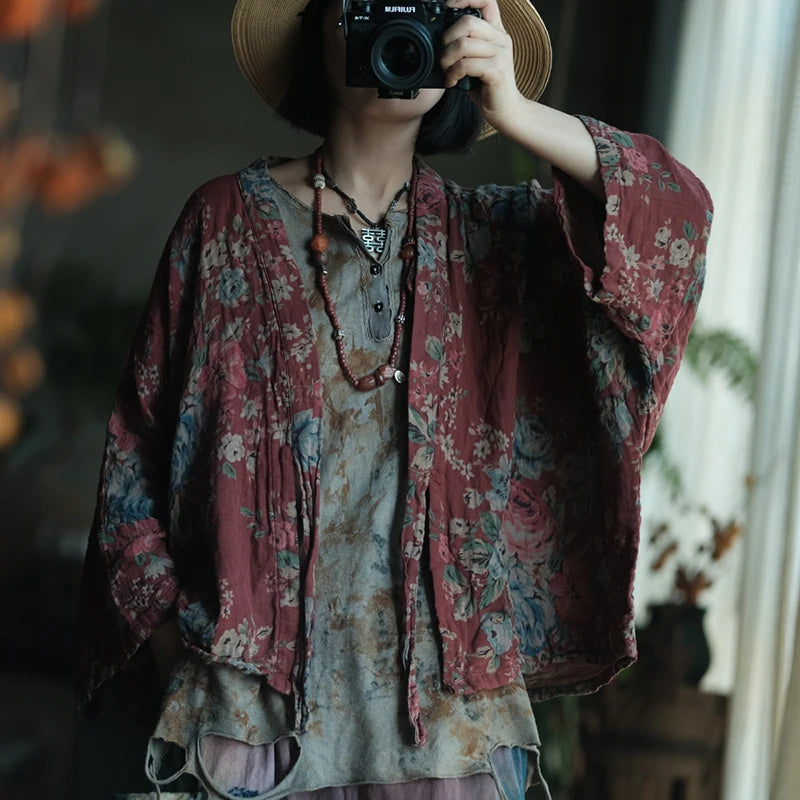 Oversized Women Casual Cotton Shirt New 2025 Spring Vintage Style Floral Print Loose Female Batwing Sleeve Tops Shirts M1391