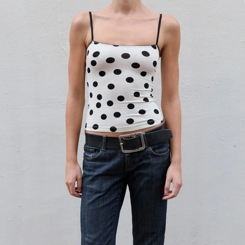 Xingqing y2k Crop Top Women Summer Polka Dot Print Lace Trim Square Collar Spaghetti Strap Sleeveless Camisole Vest Streetwear