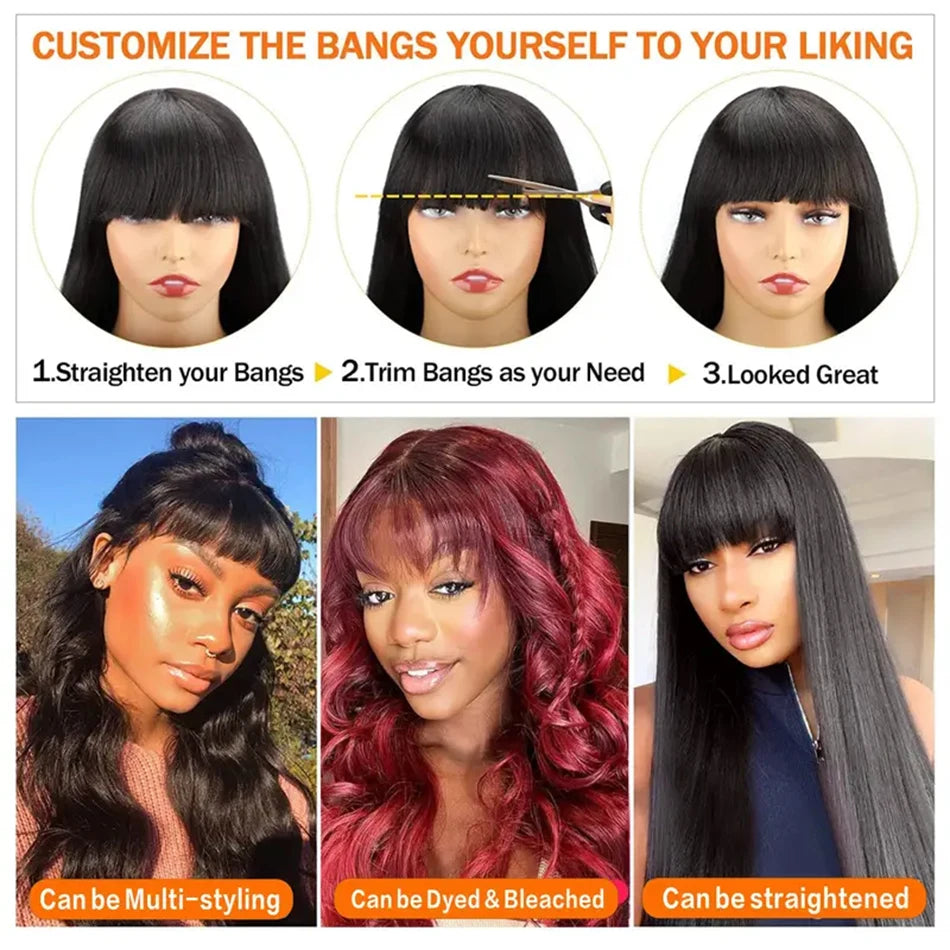 Body Wave Human Hair Wigs With Bangs Peruvian Cheap Glueless Wigs On Sale Clearance Full Machine Made Wig With Bangs For Woman