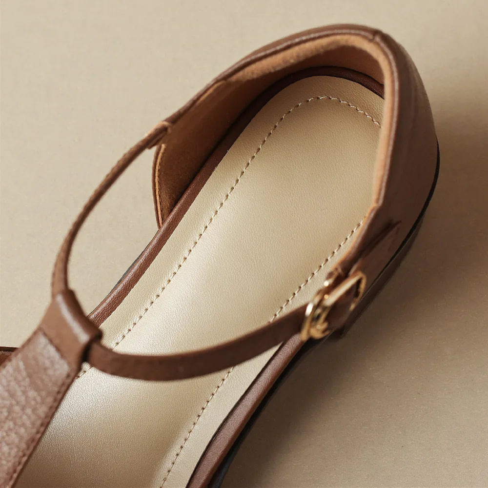 Women's genuine leather narrow band braided t-strap flats sandals round toe casual female summer roman style shoes for women hot