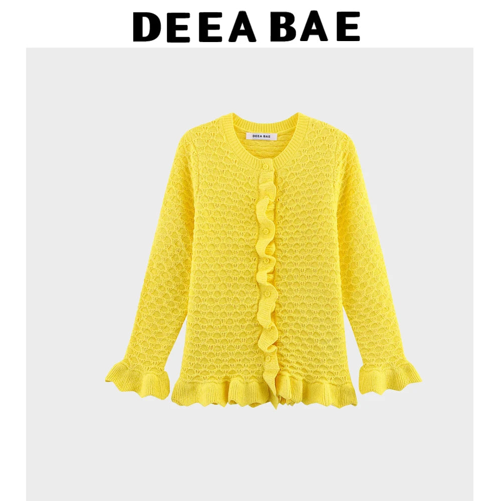 DEEABAE Spring Women's French Style Design With Layered Decorative Buttons And Round Neck Long Sleeved Knitted Jacket