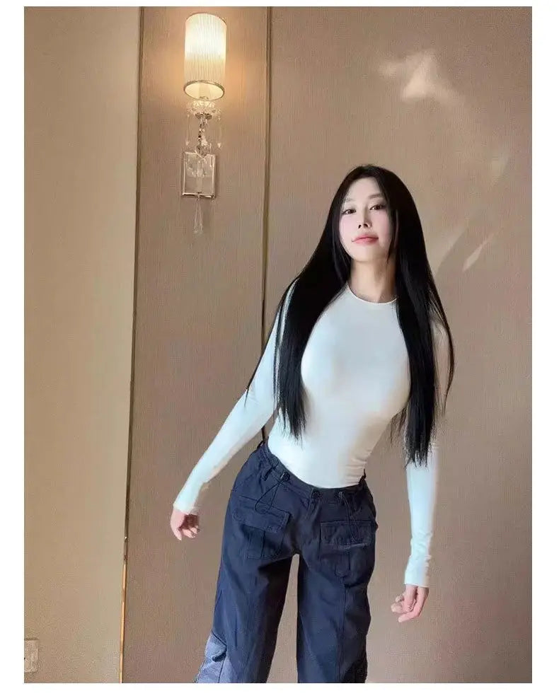 Slim Fit Inner Bottom Shirt for Women Spring and Autumn 2025 New Round Neck Sexy Yoga T-shirt Top