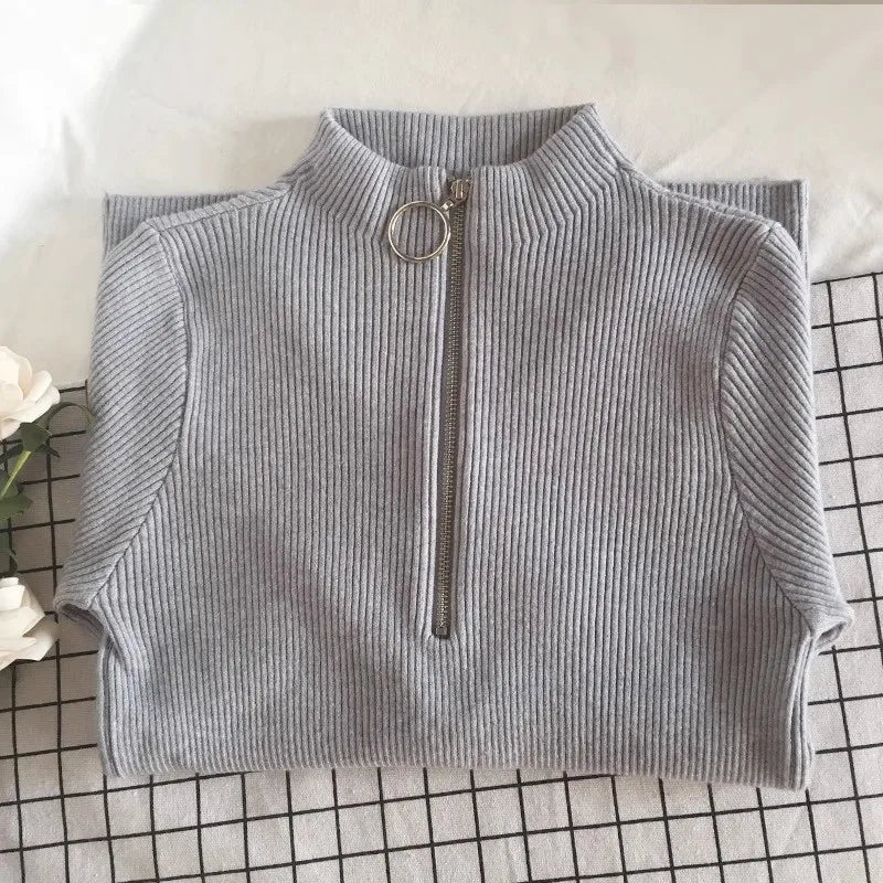 Autumn Winter Turtleneck Women Sweater Long Sleeve Zipper Neckline Knitted Pullover Female Sweater Slim Basic Knitted Jumpers
