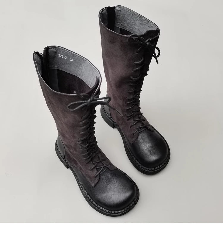 Autumn 2024 Shoes Long Noses Riding Boots Natural Leather Wide Toe Women's Boots Kne-High Cowhide Suede Single Lace-up booties