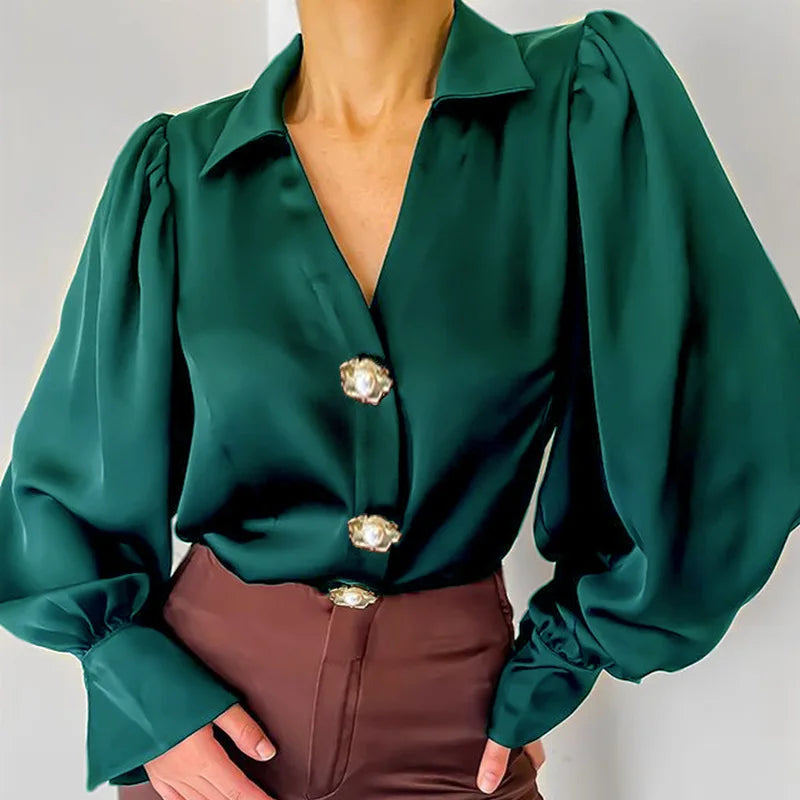 Satin Women's Shirt Elegant Black Lantern Sleeves Fashionable Casual Autumn And Winter Blouse Green Loose Silk Office Shirt For