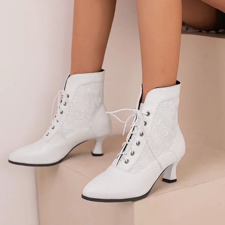 Women Victorian Ankle Boots Leather Lace Heel Shoes for women  Fashion Lace Up Spliced Ladies High Heels Woman Boots Ankle 46