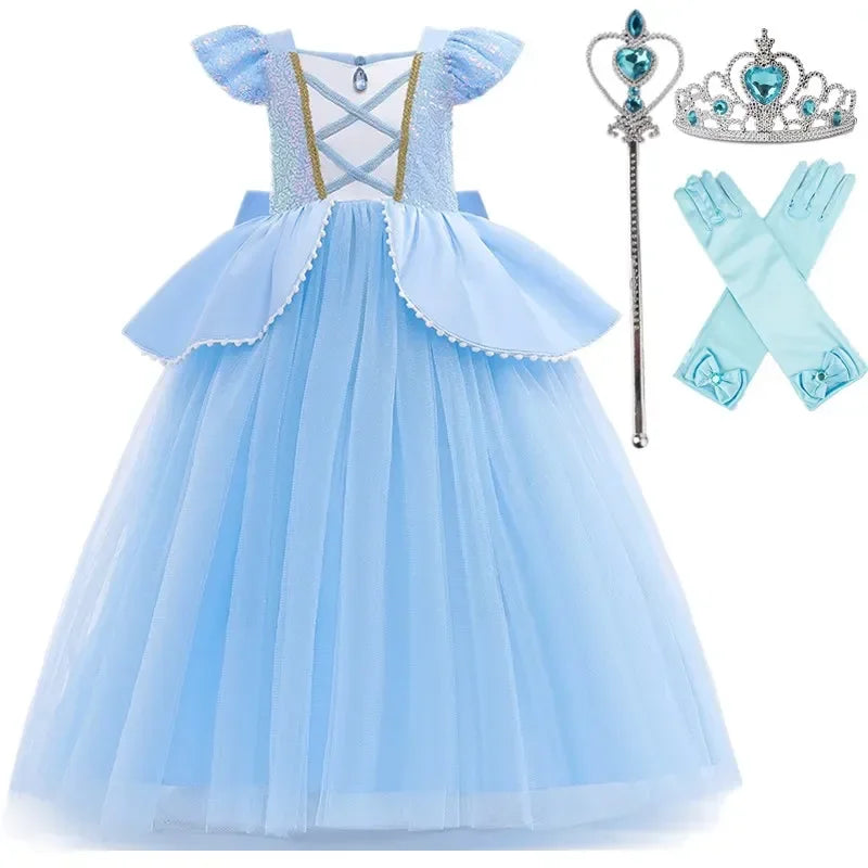 Cinderella Princess Costumes for Girls Halloween Disguise Carnival Cosplay Costume Kids Sequin Fluffy Mesh Evening Party Dresses