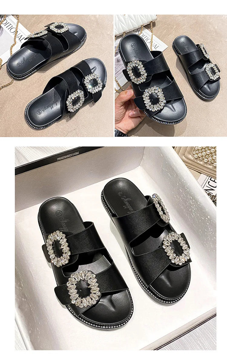 2025 Brand Rhinestone Buckle Sandals Women Double Band Slippers Crystal Shoes Ladies Casual Slides Slip On Flat Heels Flip Flops