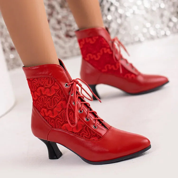 Women Victorian Ankle Boots Leather Lace Heel Shoes for women  Fashion Lace Up Spliced Ladies High Heels Woman Boots Ankle 46