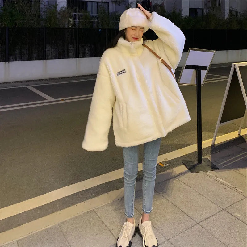 Women Winter Thicken Lamb Wool Coat Faux Fur Warm Stand Collar Outerwear Female Zipper Loose Jacket Full Sleeved Sweatshirts